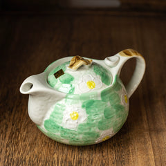 Japanese Seto Ware Teapot – Hand-Painted Green Sakura Design